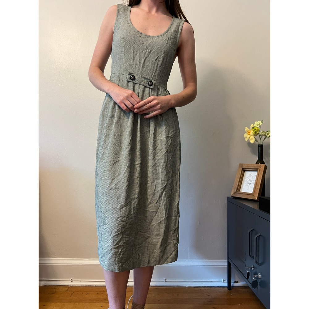 Vintage Midi Dress Cottage Green Houndstooth Button Waist Accent Adjustable Size